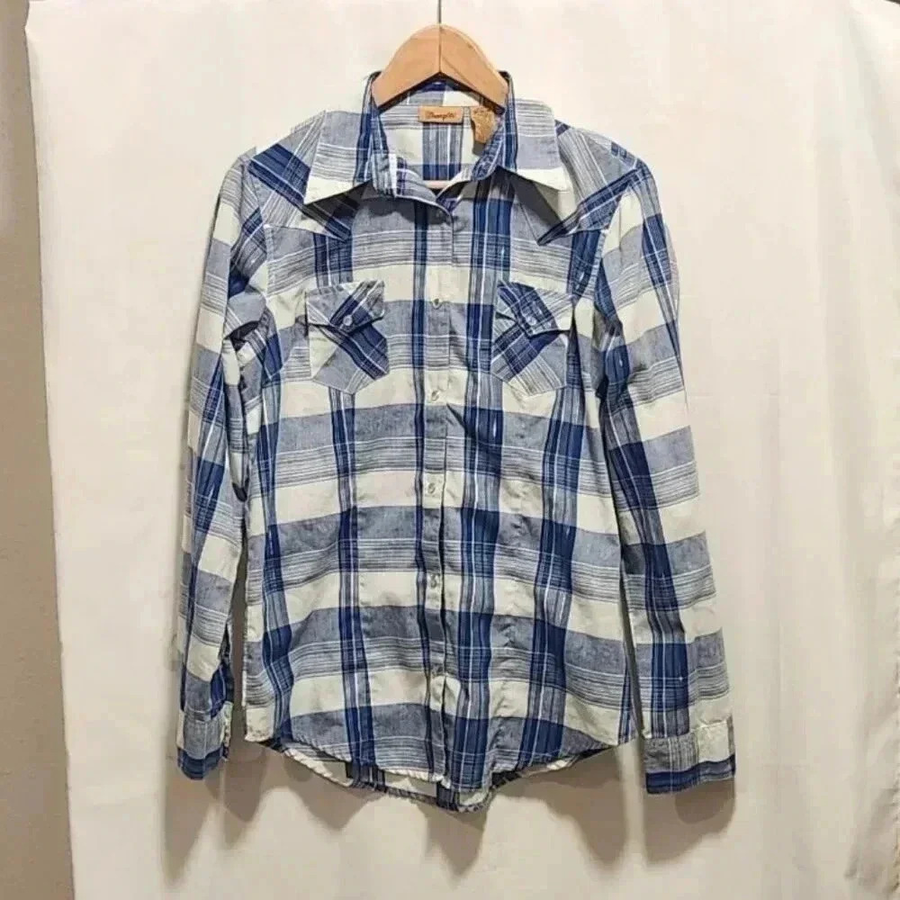 Wrangler Men's Size M Pearl Snap Button Up Shirt Blue/White Plaid W/Pockets
